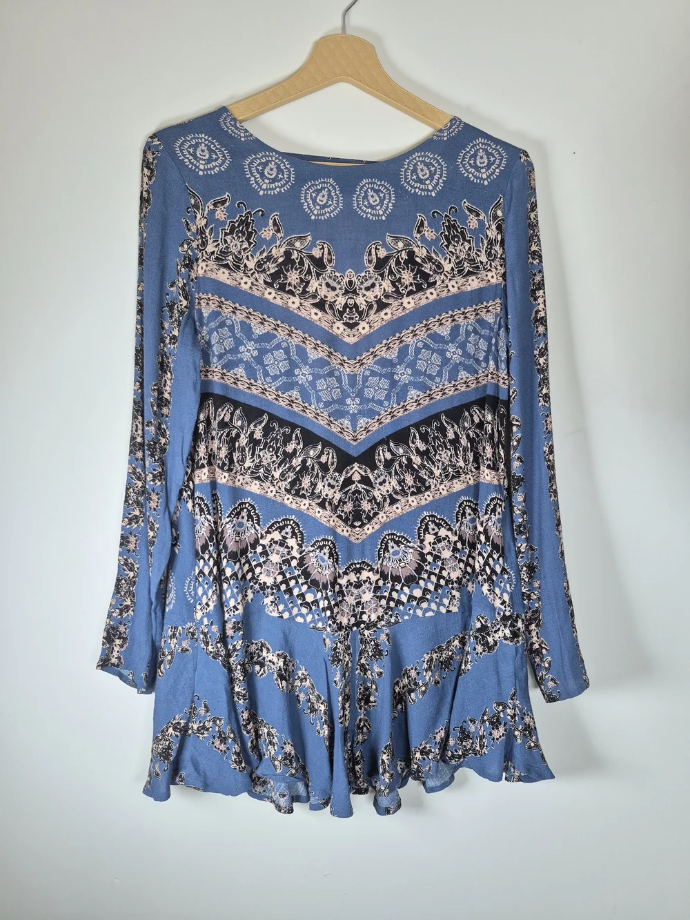 Free People Blue Printed Long Sleeve Backless Fit & Flare Dress S